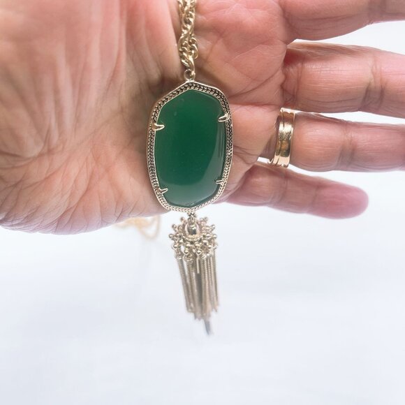 Kendra Scott Long Gold Chain Necklace With Green Oval Pendant & Tassel - Picture 4 of 6